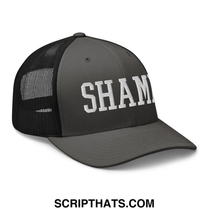 Shame Embroidered Mesh Trucker Hat Charcoal Black