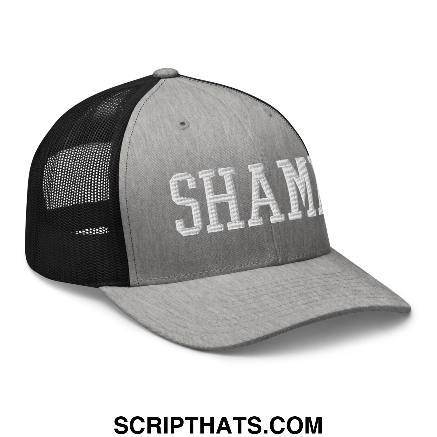 Shame Embroidered Mesh Trucker Hat Heather Black