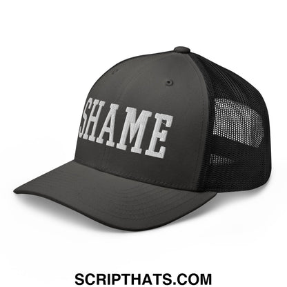 Shame Embroidered Mesh Trucker Hat Charcoal Black