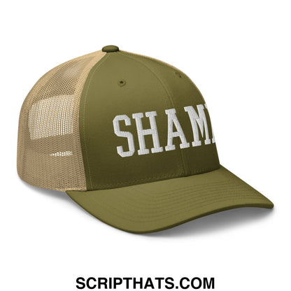 Shame Embroidered Mesh Trucker Hat Moss Khaki