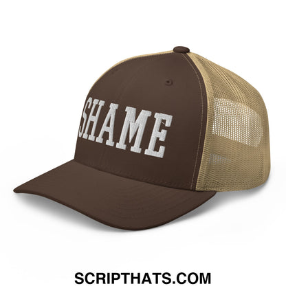 Shame Embroidered Mesh Trucker Hat Brown Khaki