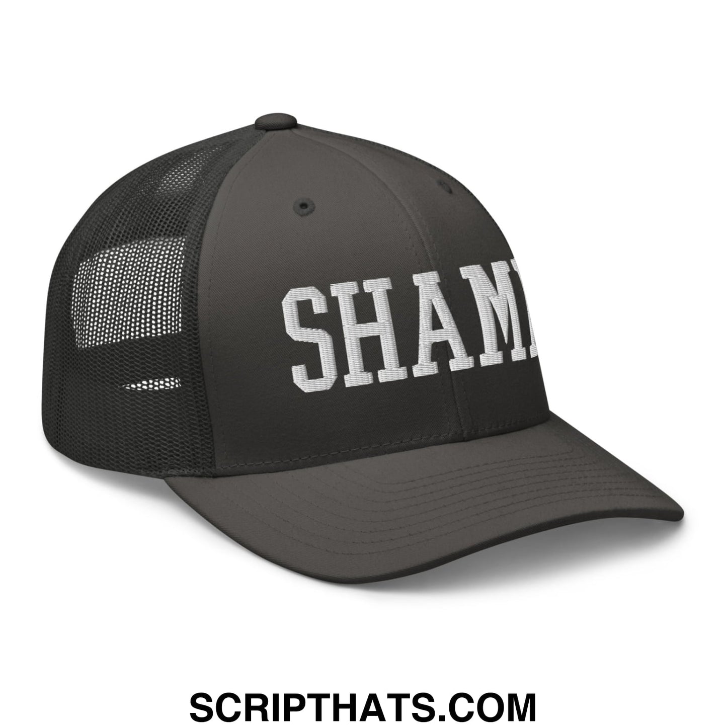 Shame Embroidered Mesh Trucker Hat Charcoal