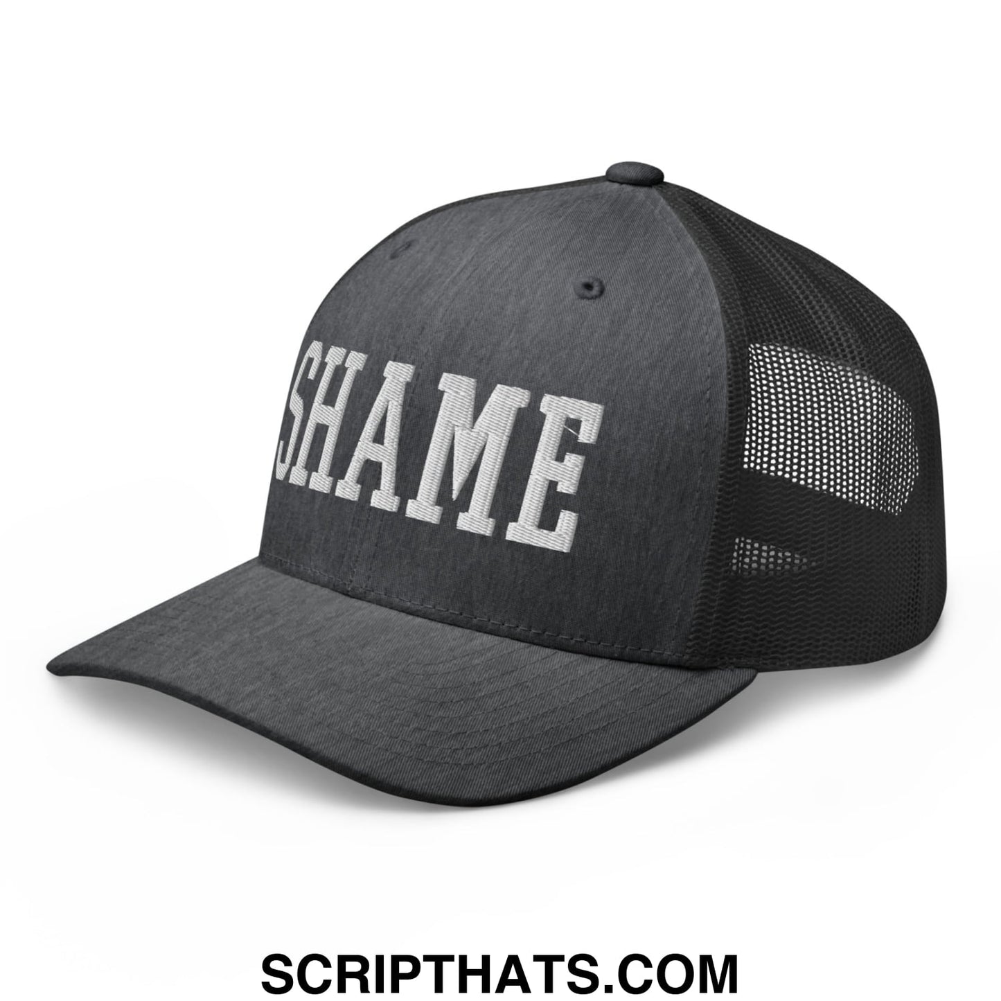 Shame Embroidered Mesh Trucker Hat Dark Heather Gray