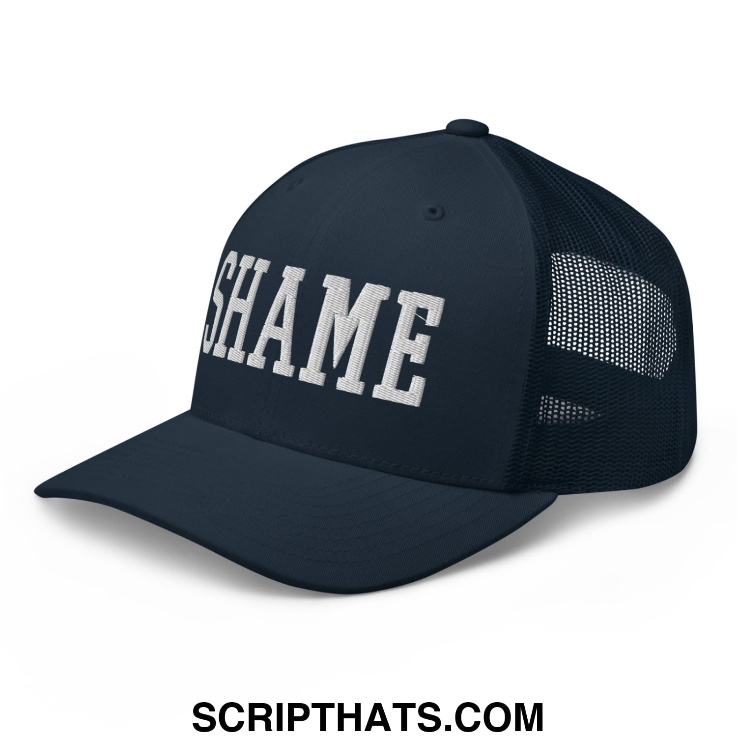 Shame Embroidered Mesh Trucker Hat Navy
