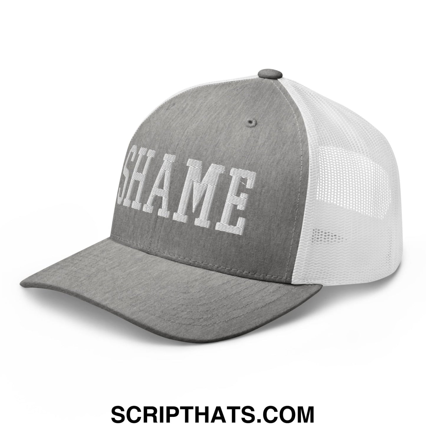 Shame Embroidered Mesh Trucker Hat Heather Grey White