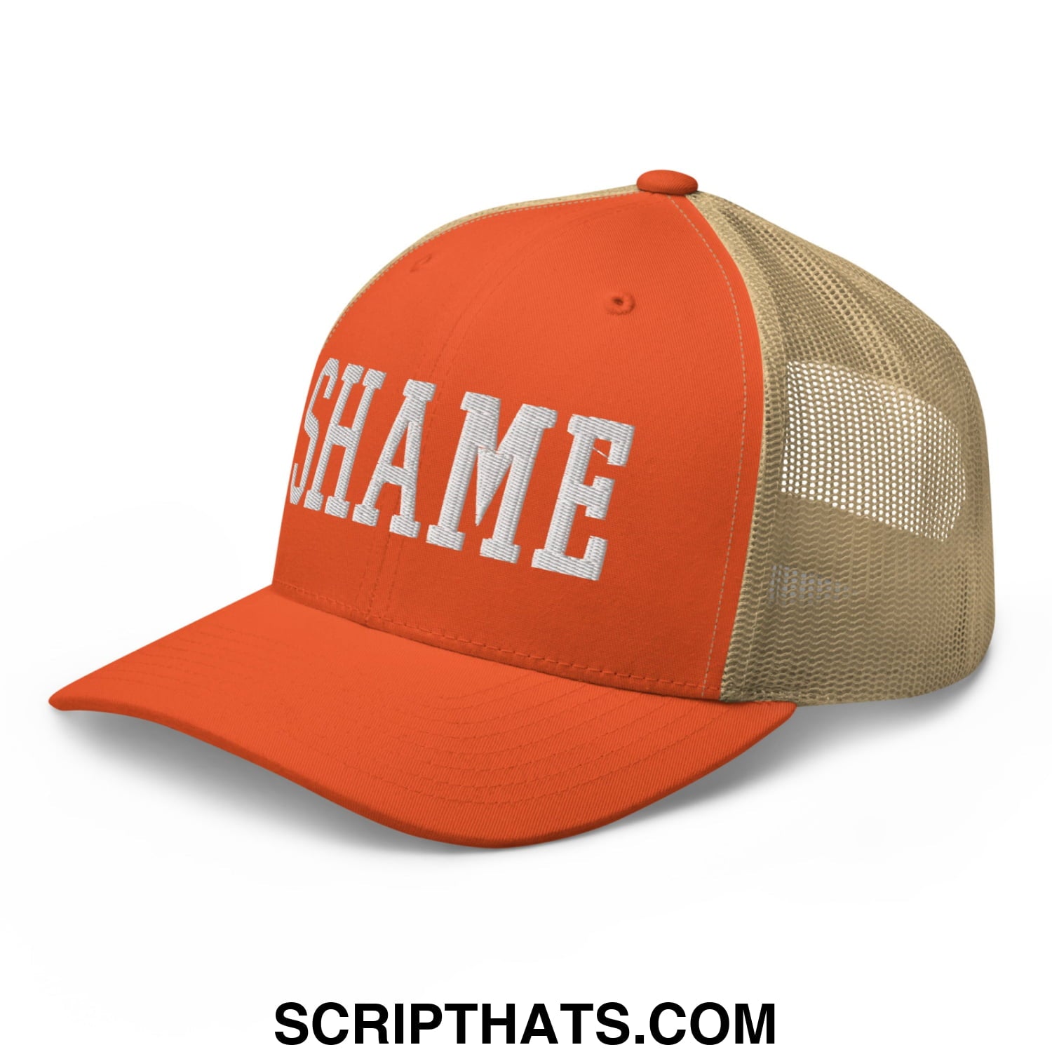 Shame Embroidered Mesh Trucker Hat Rustic Orange Khaki