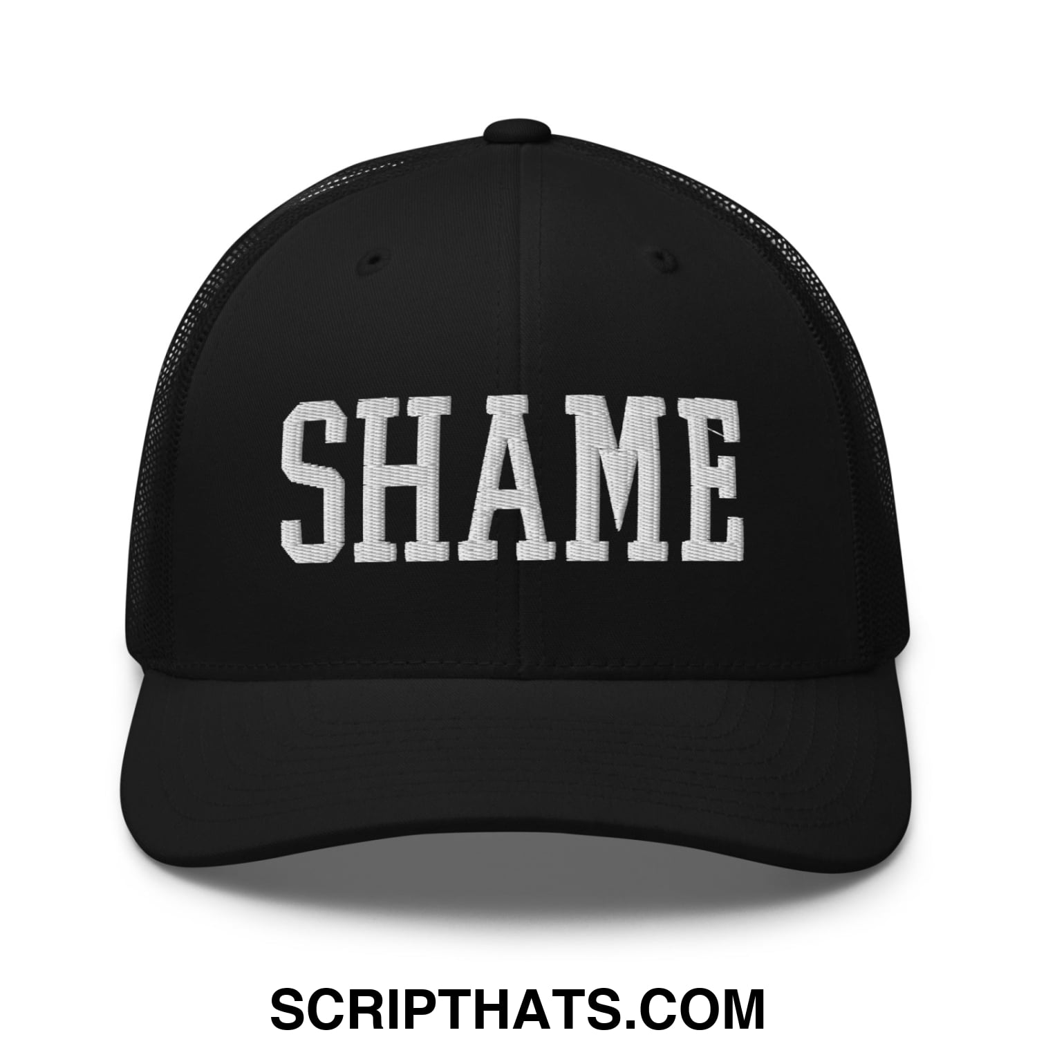 Shame Embroidered Mesh Trucker Hat Black