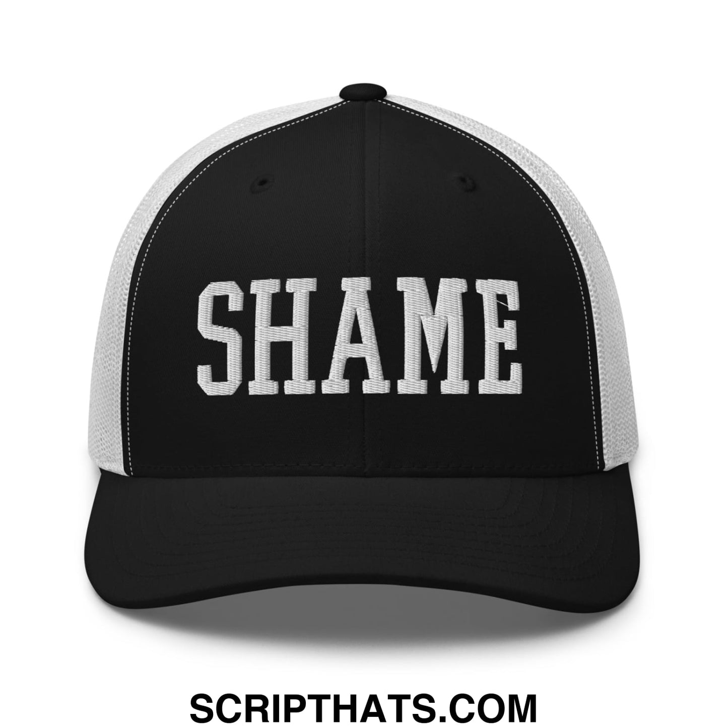 Shame Embroidered Mesh Trucker Hat Black White