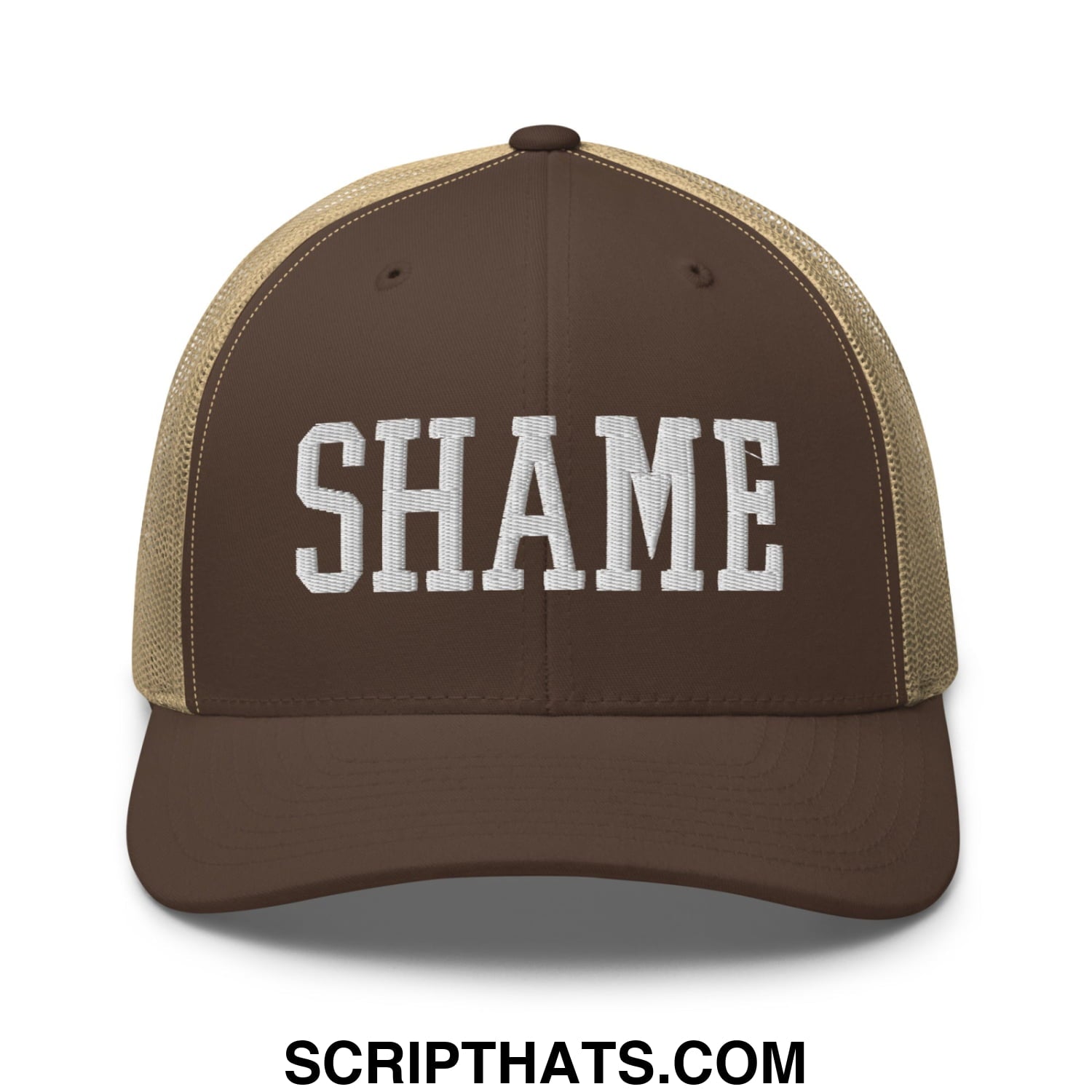 Shame Embroidered Mesh Trucker Hat Brown Khaki