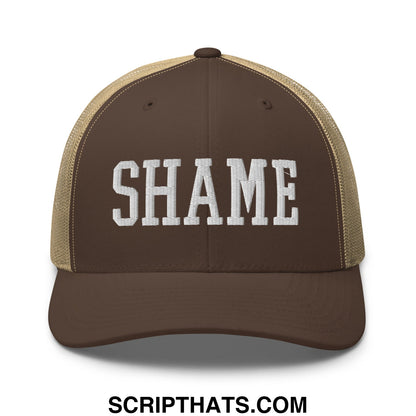 Shame Embroidered Mesh Trucker Hat Brown Khaki