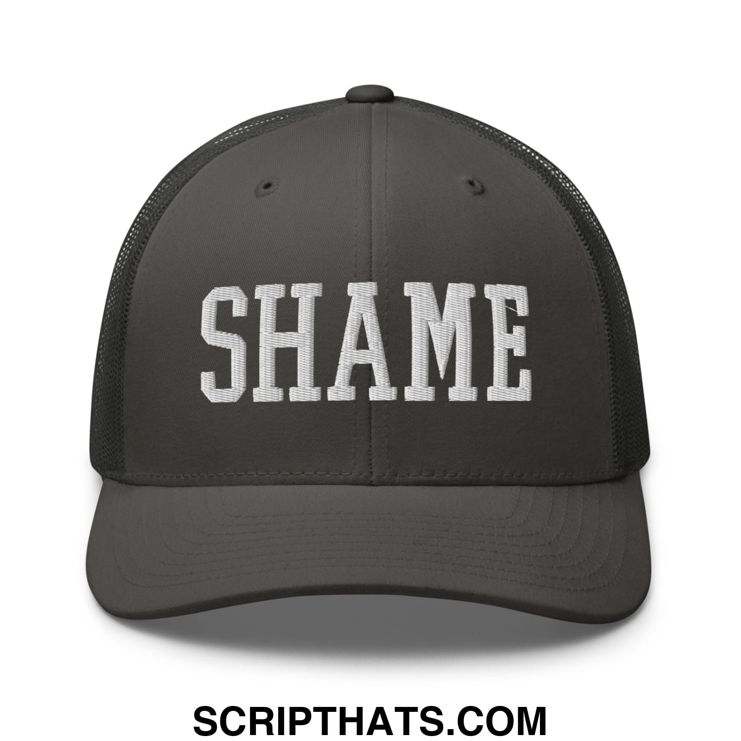Shame Embroidered Mesh Trucker Hat Charcoal