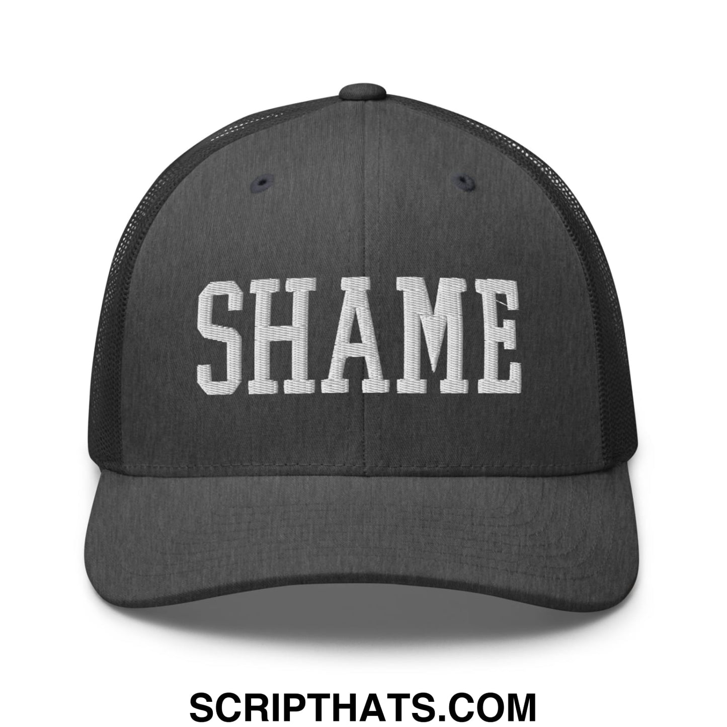 Shame Embroidered Mesh Trucker Hat Dark Heather Gray