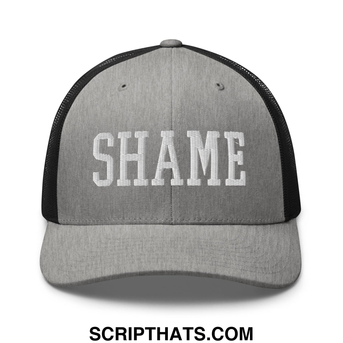 Shame Embroidered Mesh Trucker Hat Heather Black