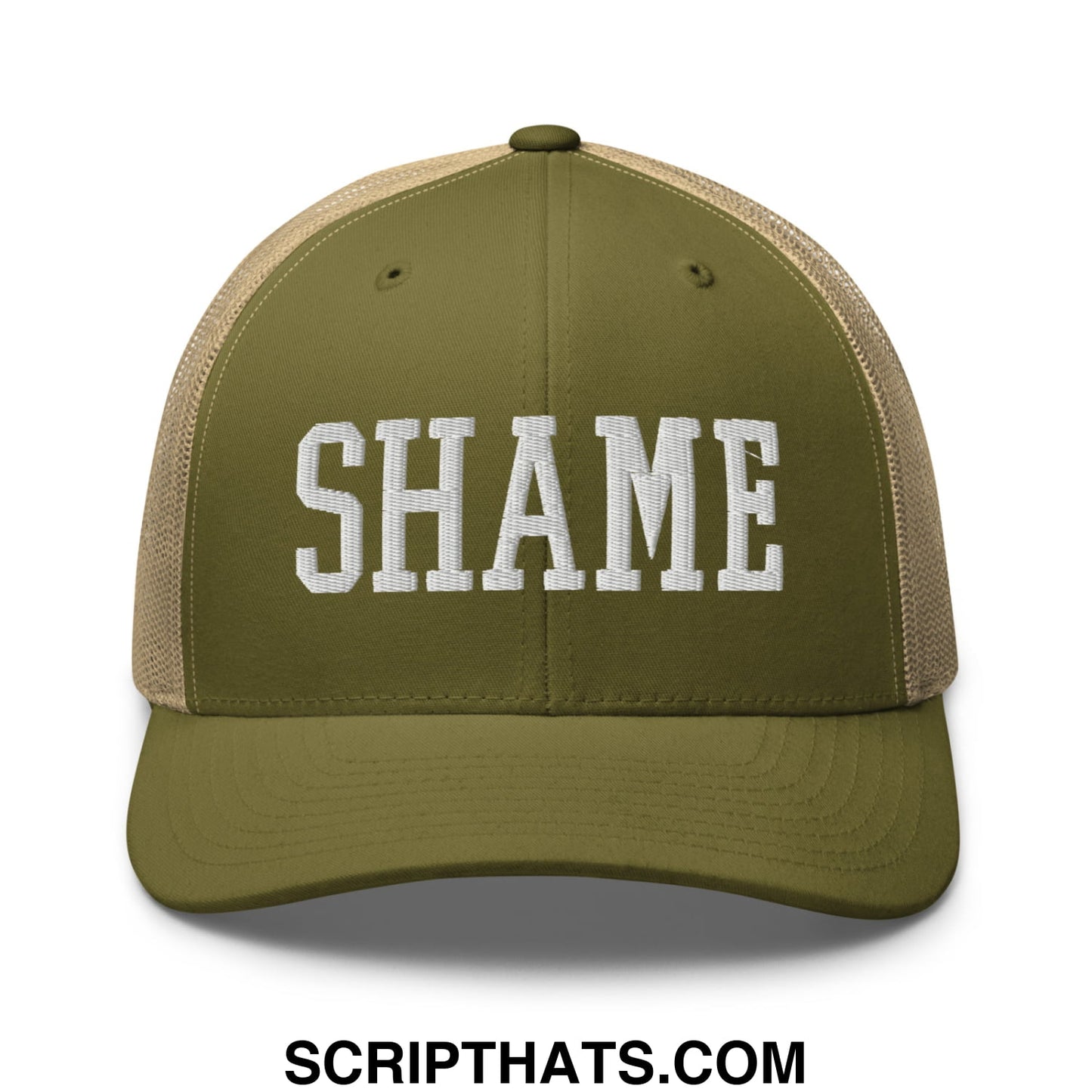 Shame Embroidered Mesh Trucker Hat Moss Khaki