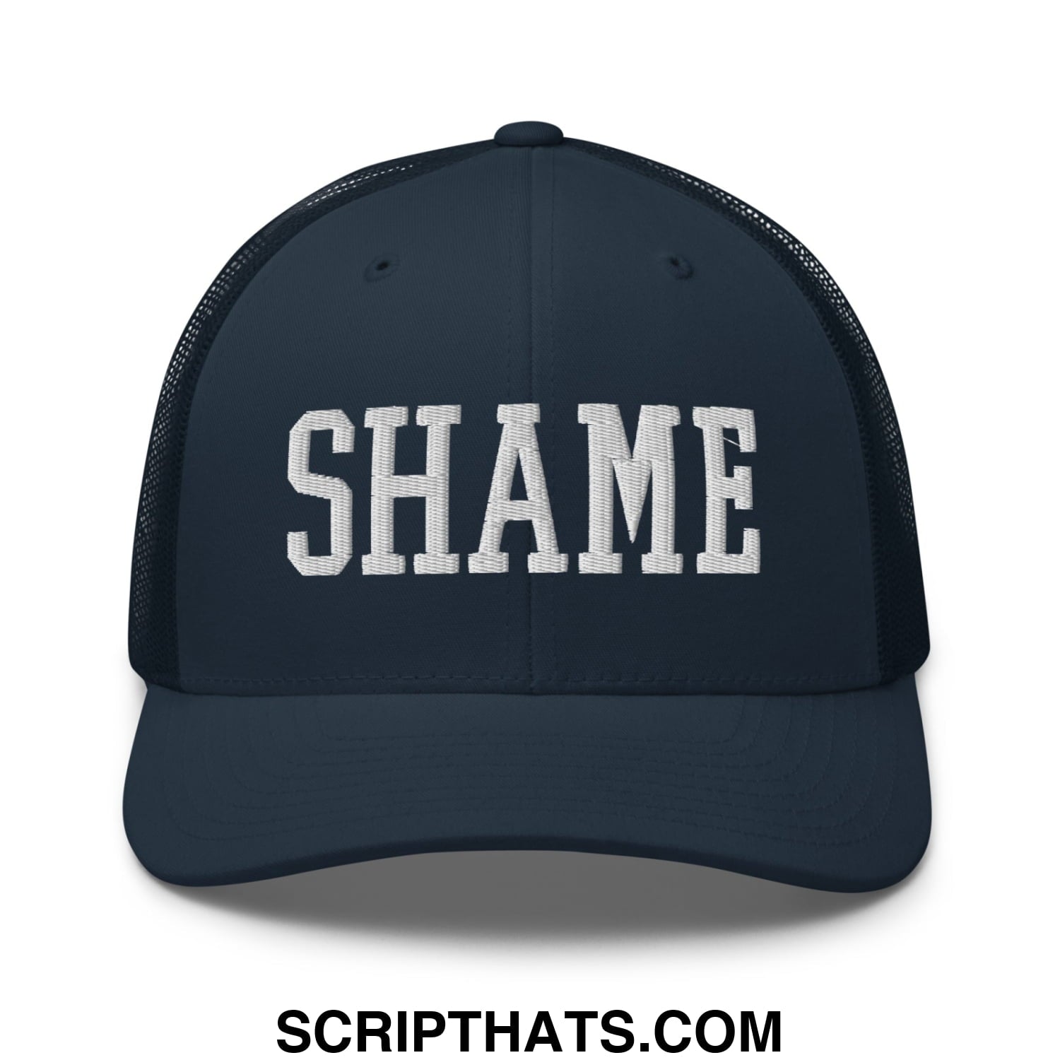 Shame Embroidered Mesh Trucker Hat Navy