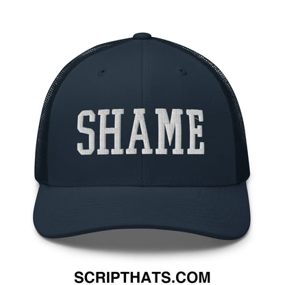 Shame Embroidered Mesh Trucker Hat Navy