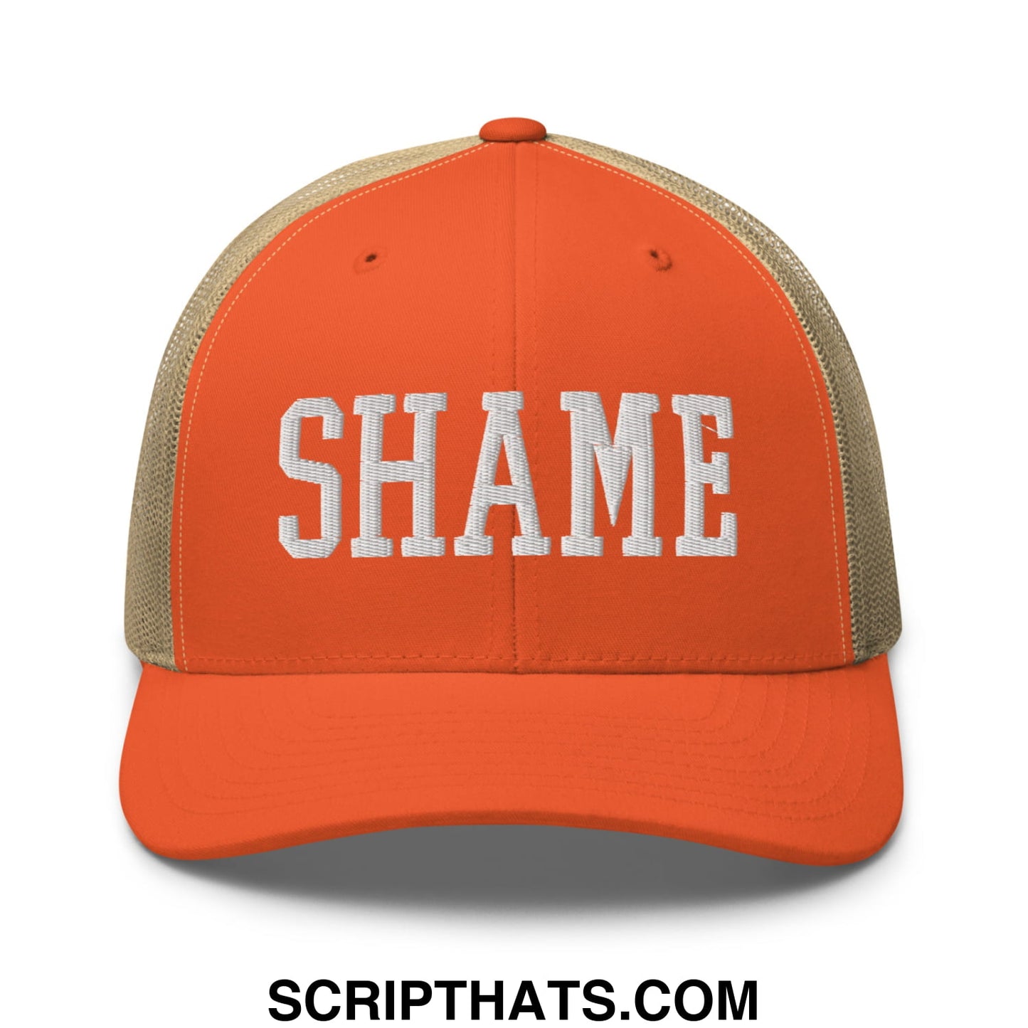 Shame Embroidered Mesh Trucker Hat Rustic Orange Khaki