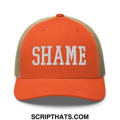 Shame Embroidered Mesh Trucker Hat Rustic Orange Khaki