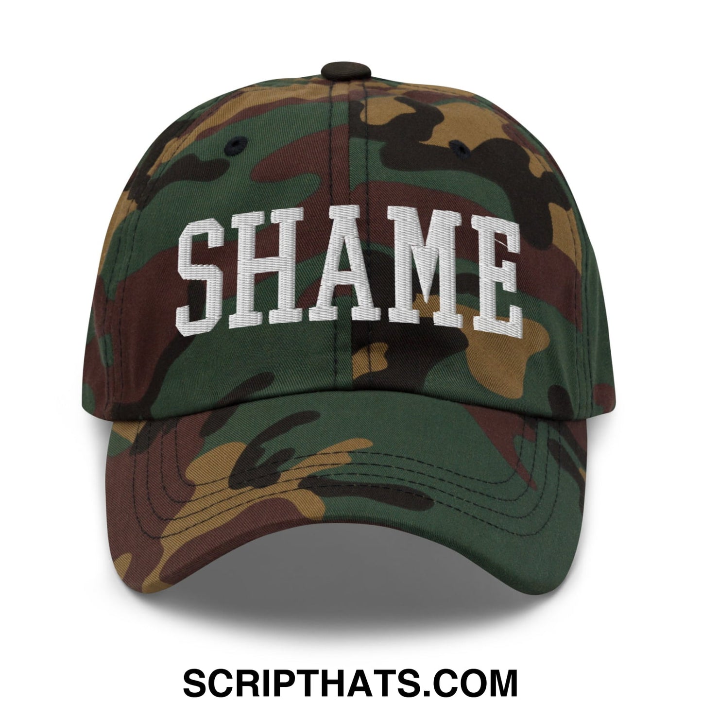 Shame Embroidered Unstructured Dad Hat Green Camo