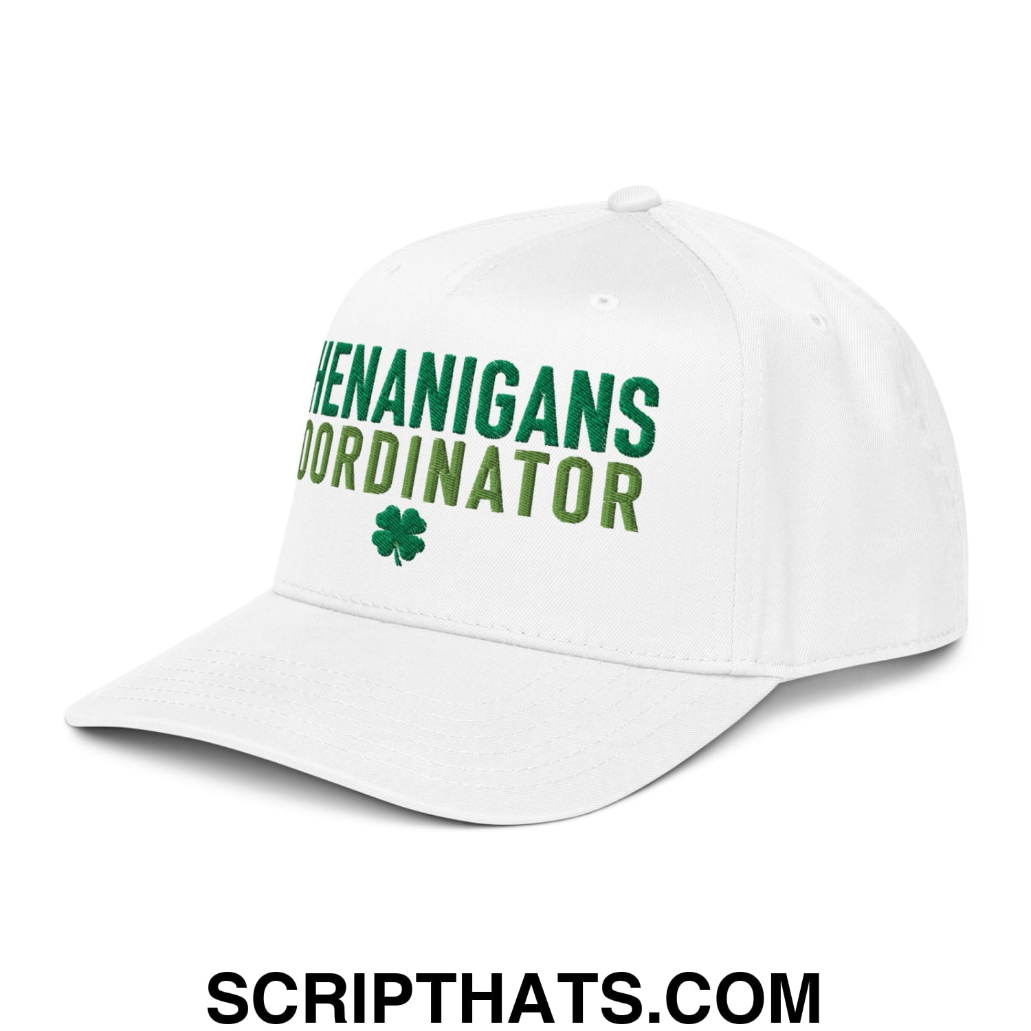 Shenanigans Coordinator St. Patrick's Day Embroidered Baseball Snapback Hat White
