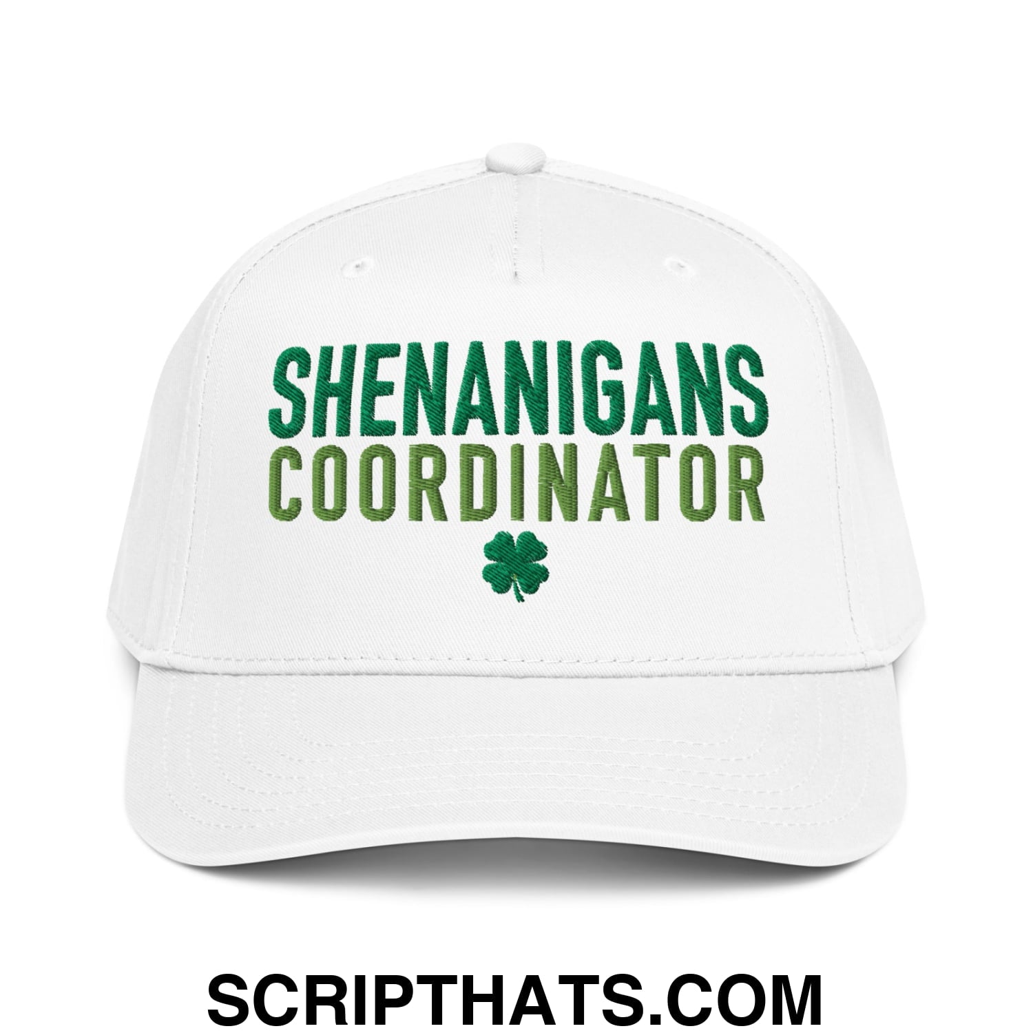 Shenanigans Coordinator St. Patrick's Day Embroidered Baseball Snapback Hat White
