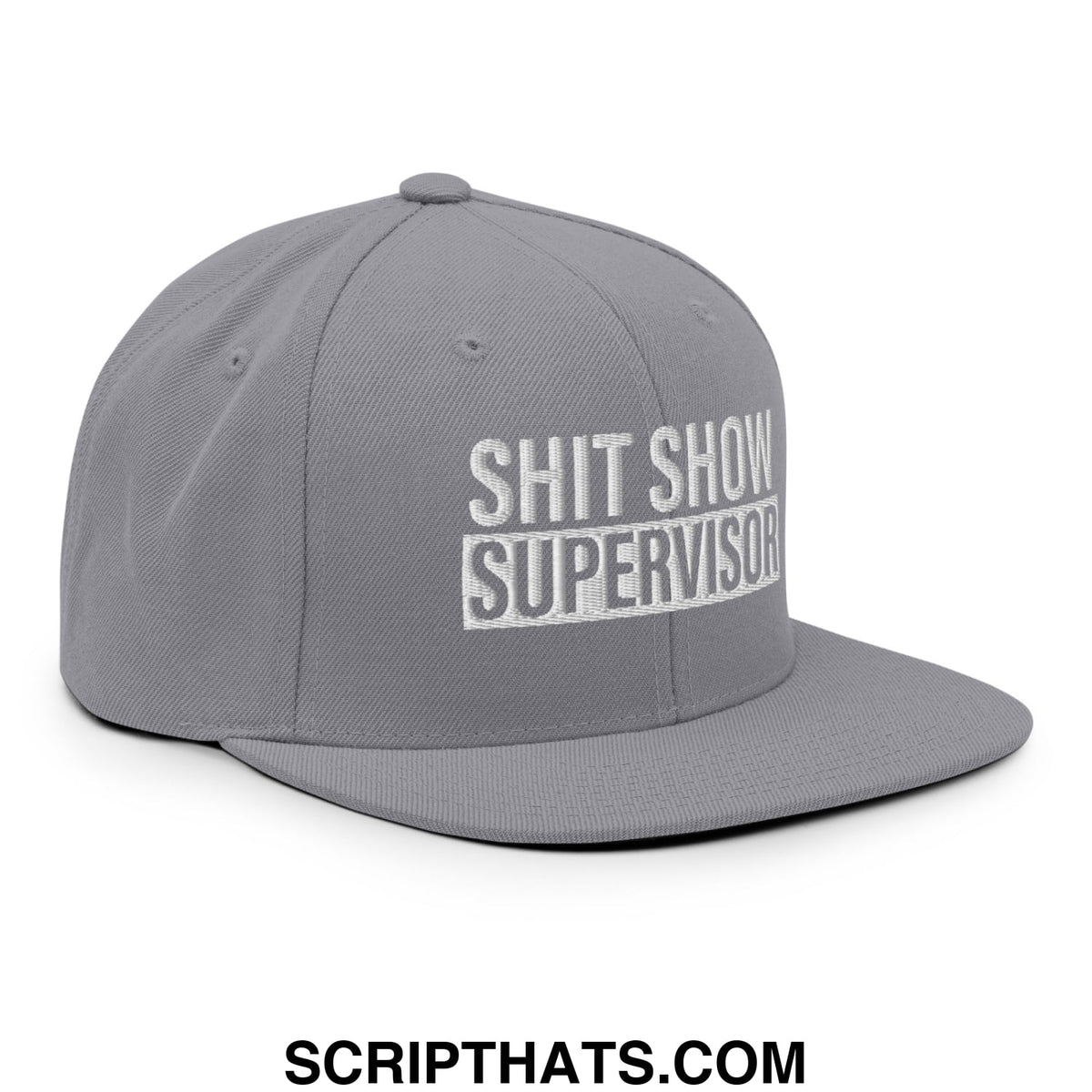 Gray snapback cap with shit show supervisor embroidered in white thread on the front flat bill brim hat