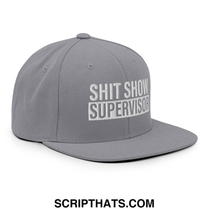 Gray snapback cap with shit show supervisor embroidered in white thread on the front flat bill brim hat