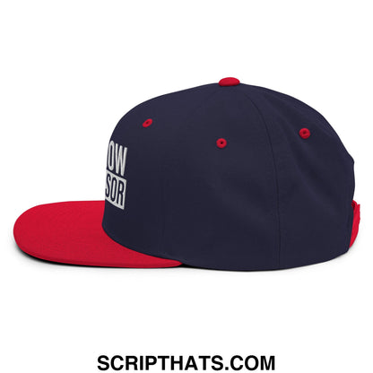 Navy blue and red snapback cap with white embroidered text on the side flat bill brim shit show supervisor hat