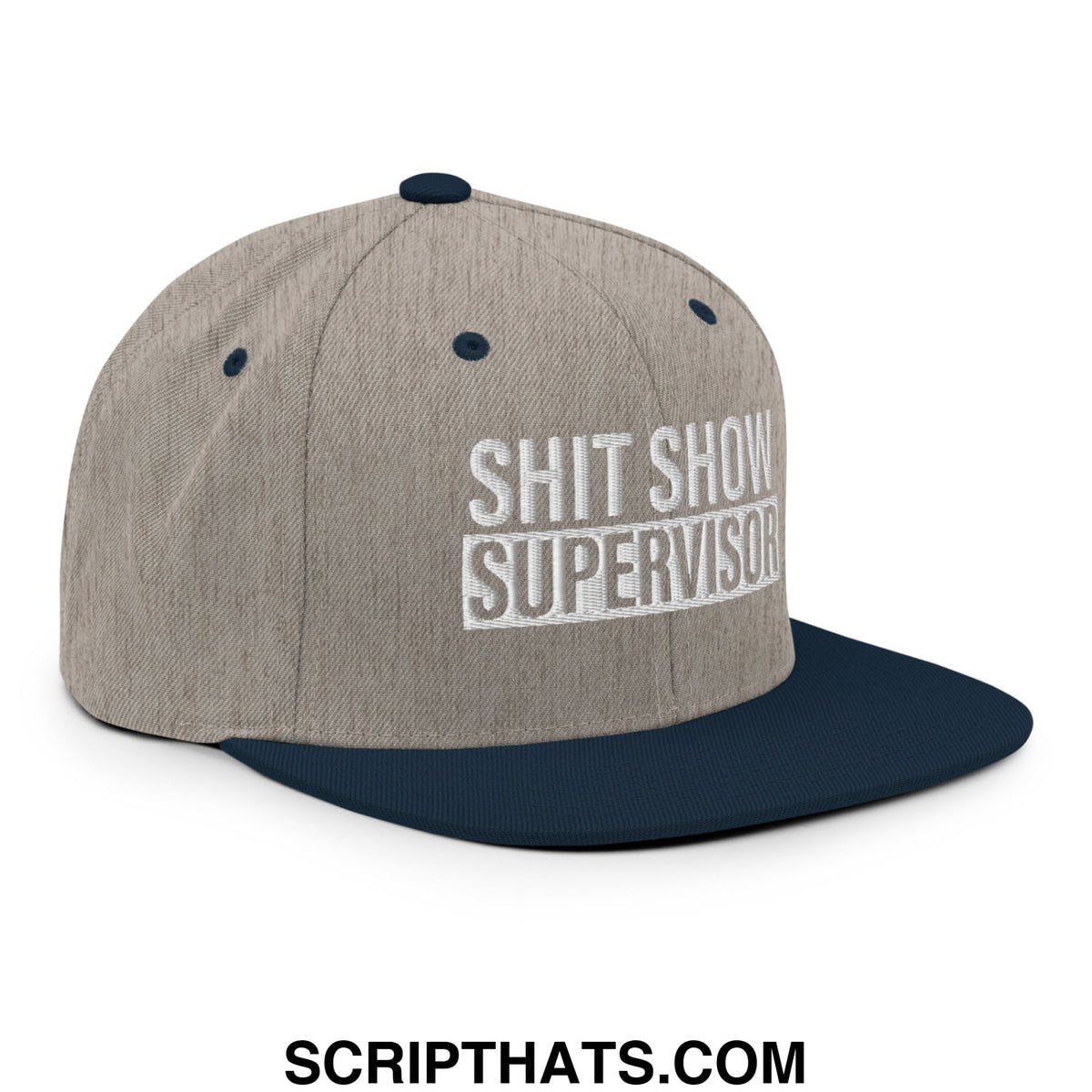 Gray and navy blue snapback hat with shit show supervisor embroidered in white on flat bill brim