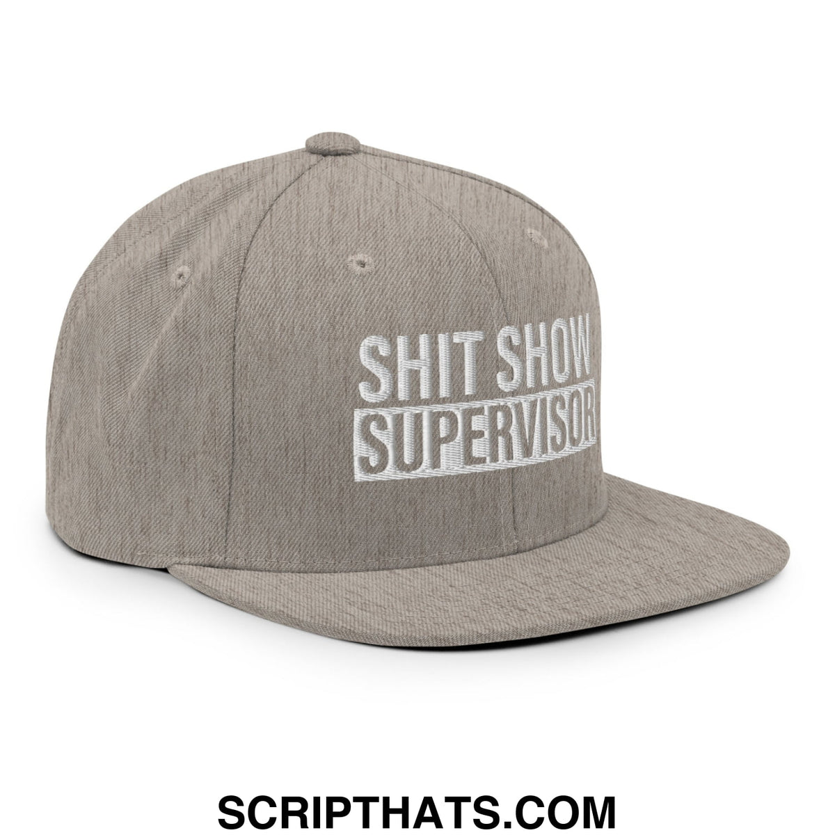 Gray snapback cap with white embroidered shit show supervisor text on front flat bill brim hat