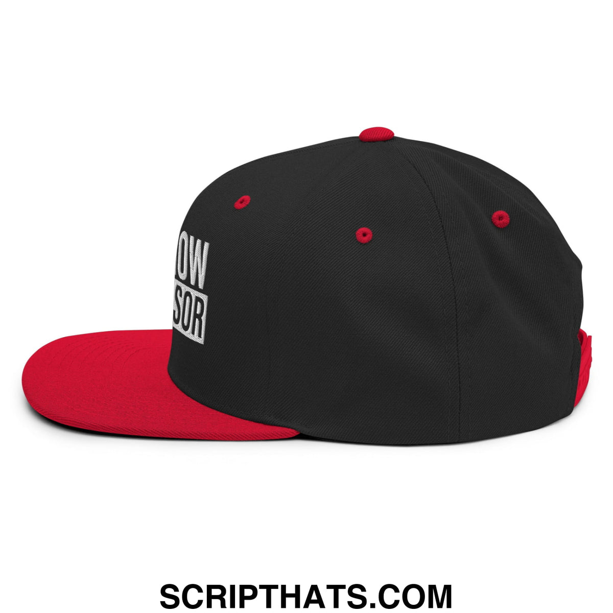 Black and red snapback hat with white embroidered shit show supervisor text and flat bill brim design