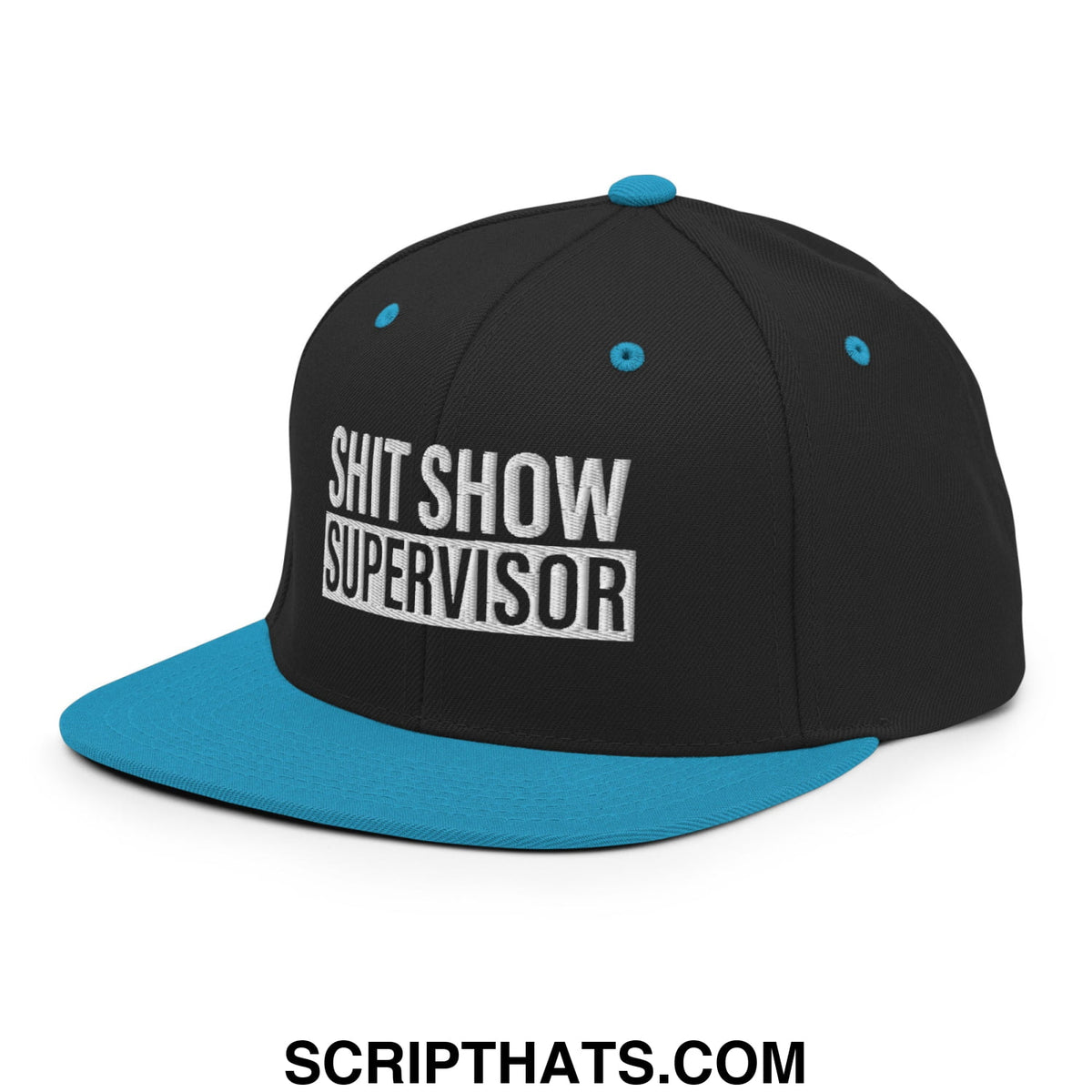 Black snapback cap with teal brim and button featuring white embroidered text shit show supervisor