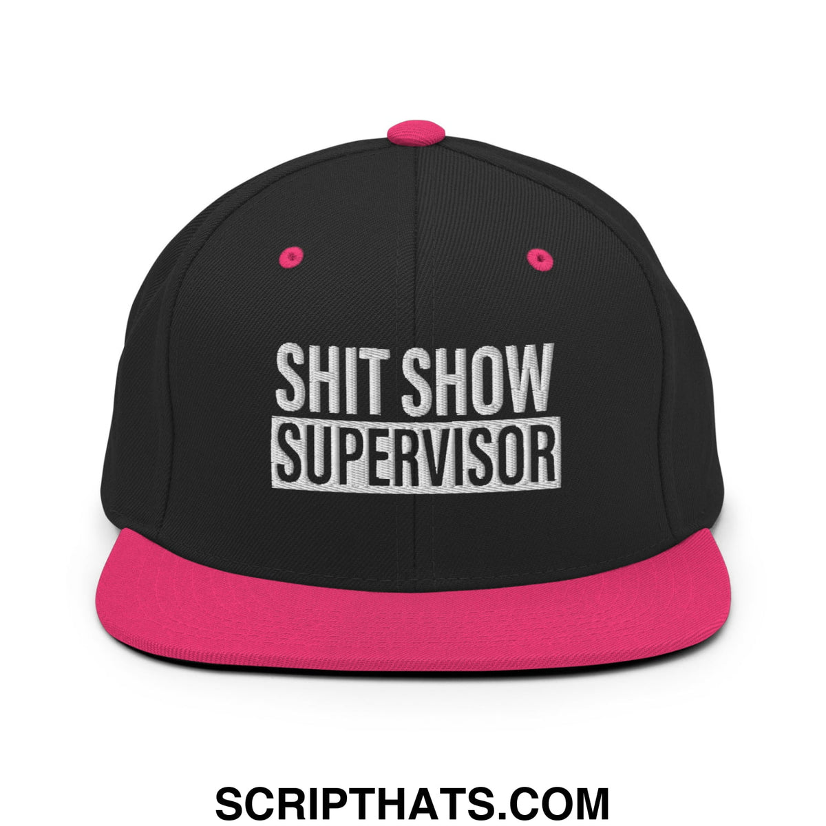 Black snapback hat with vibrant pink brim and button featuring white embroidered shit show supervisor text