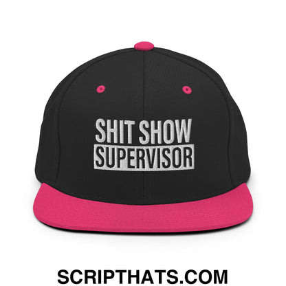 Shit Show Supervisor Embroidered Flat Bill Brim Snapback Hat Black Neon Pink