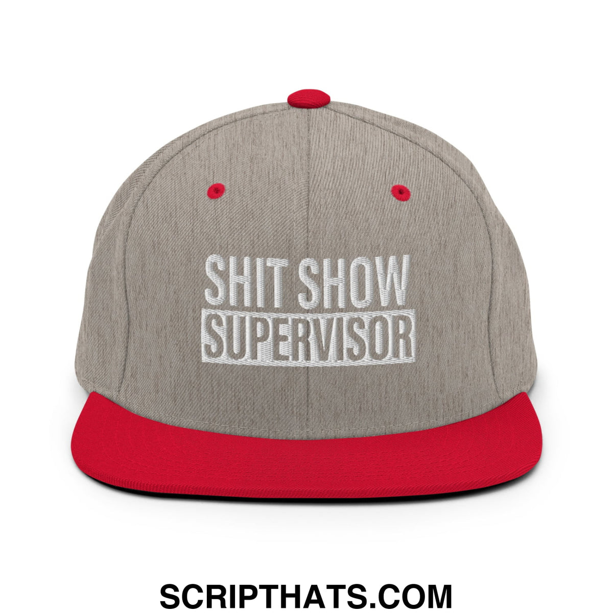 Gray and red snapback hat with flat bill and shit show supervisor embroidered in white on front panel