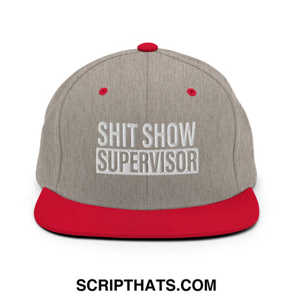 Gray and red snapback hat with flat bill and shit show supervisor embroidered in white on front panel