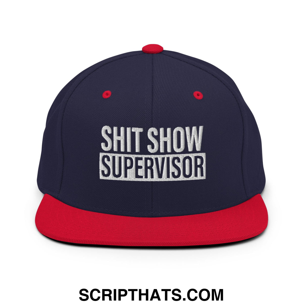 Navy blue and red snapback hat with white embroidered shit show supervisor text and flat bill brim