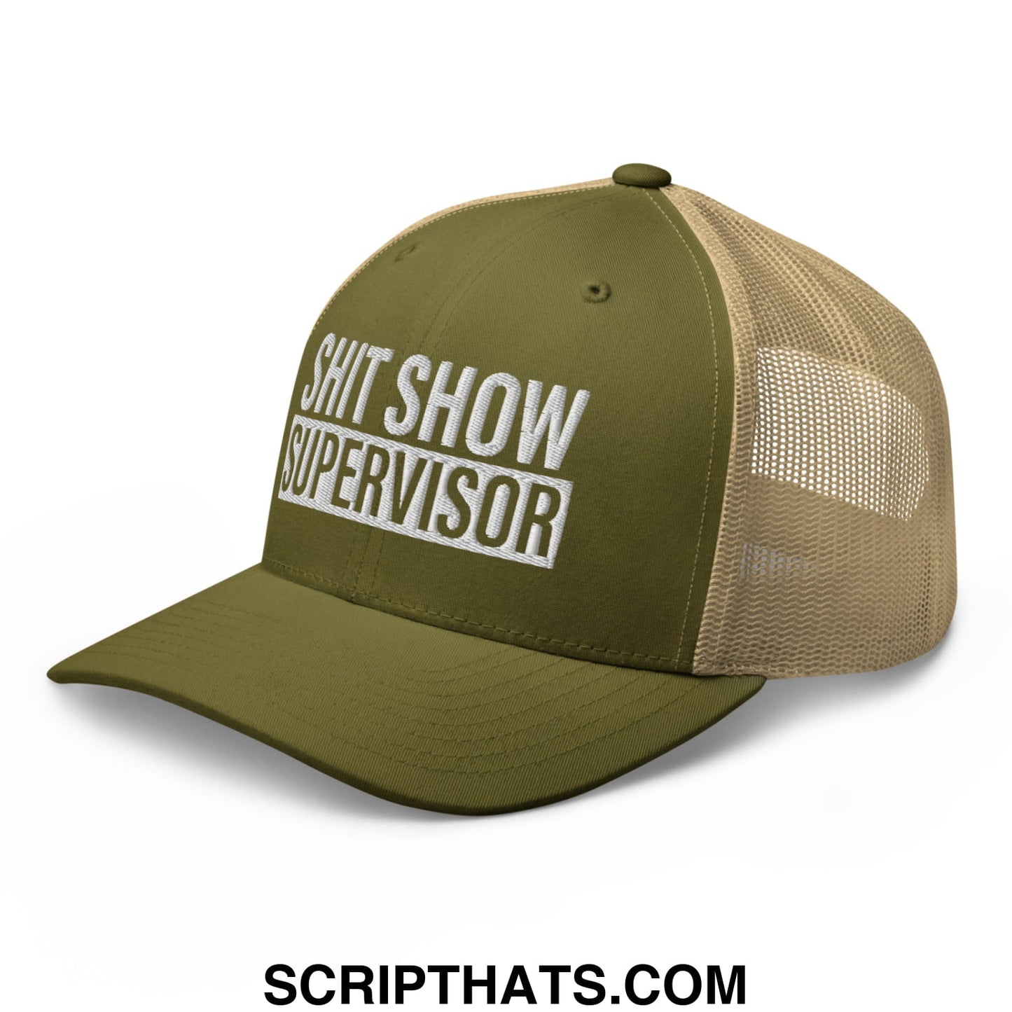Shit Show Supervisor Embroidered Mesh Trucker Hat Moss Khaki