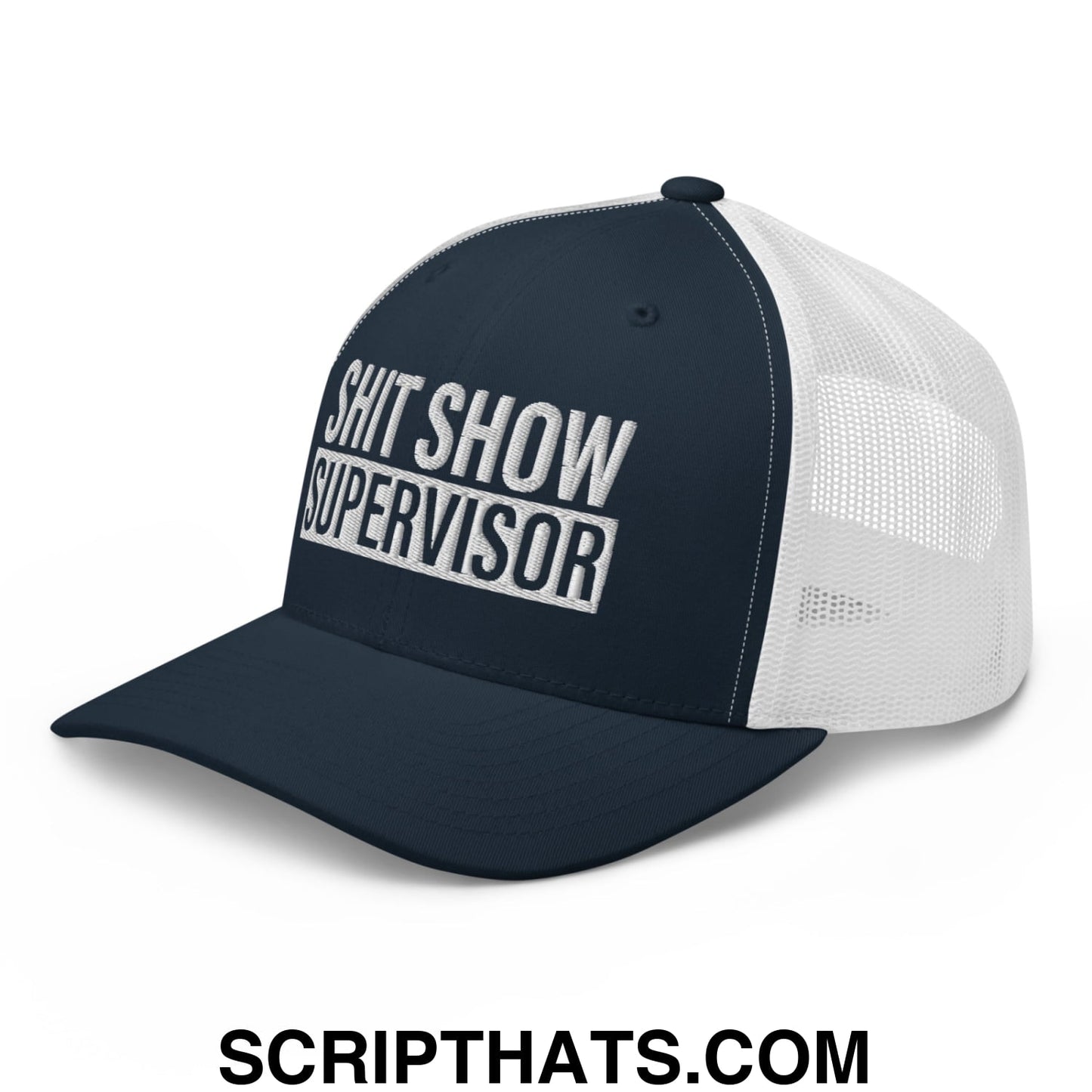 Shit Show Supervisor Embroidered Mesh Trucker Hat Navy White