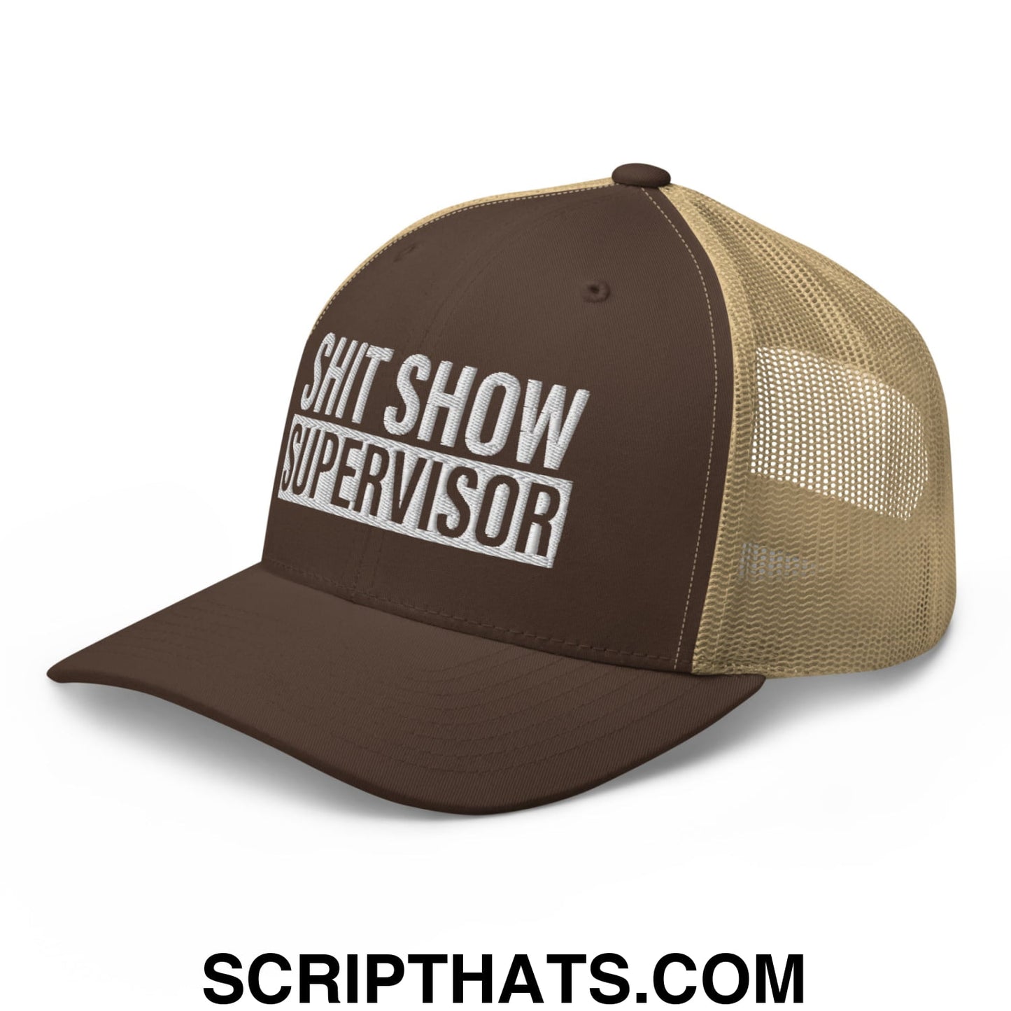 Shit Show Supervisor Embroidered Mesh Trucker Hat Brown Khaki