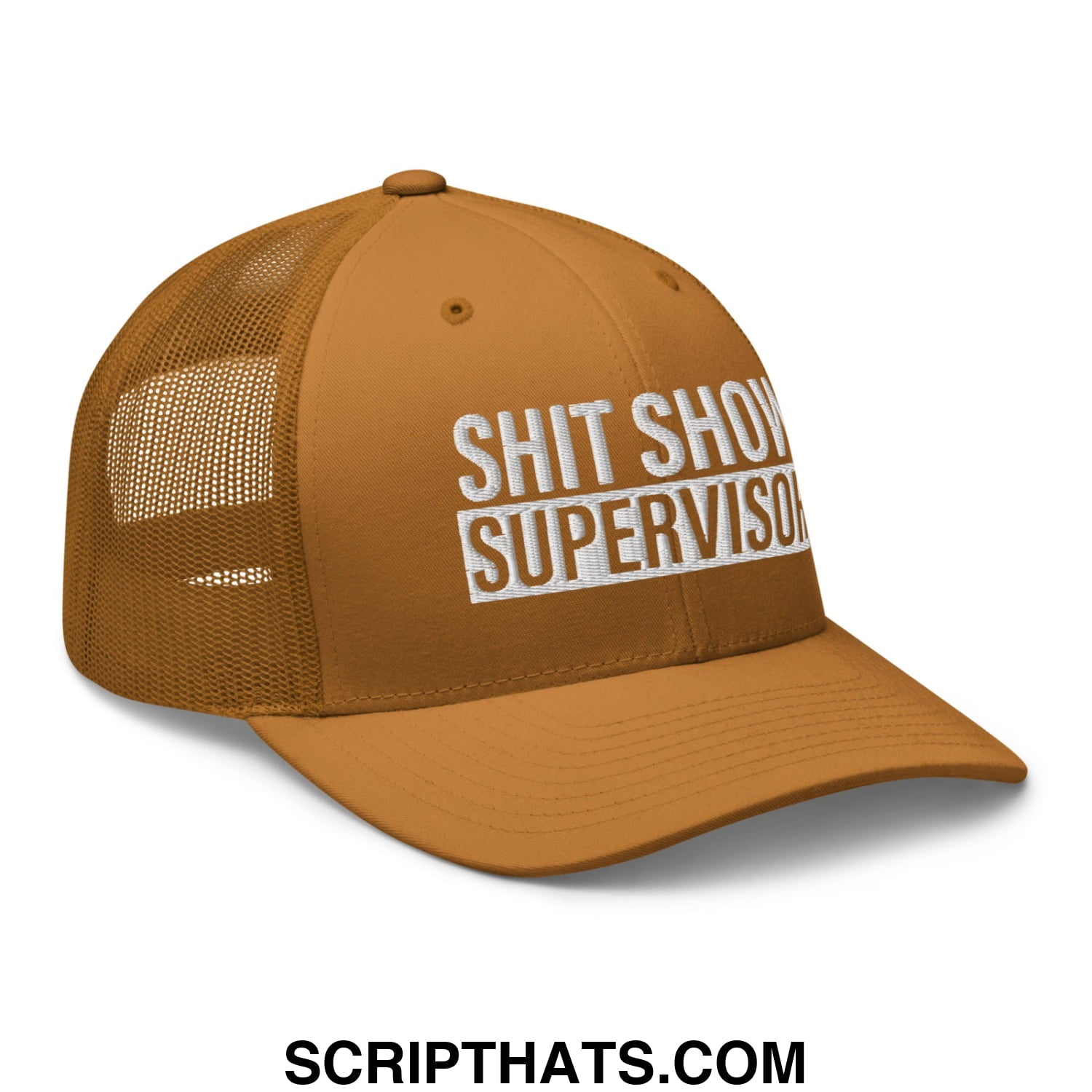 Shit Show Supervisor Embroidered Mesh Trucker Hat Caramel