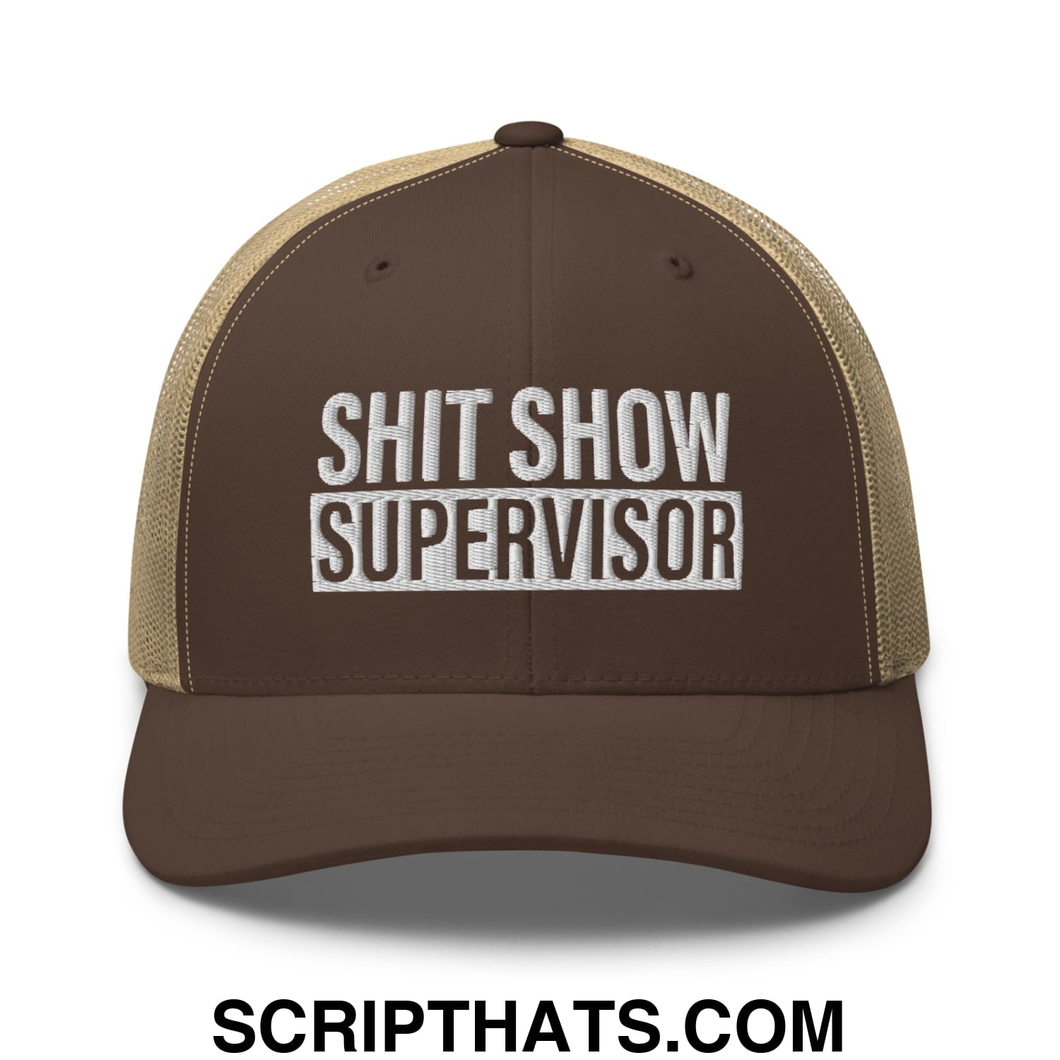 Shit Show Supervisor Embroidered Mesh Trucker Hat Brown Khaki