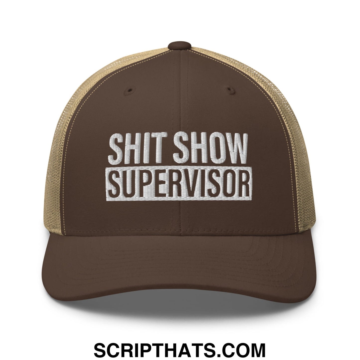 Shit Show Supervisor Embroidered Mesh Trucker Hat Brown Khaki