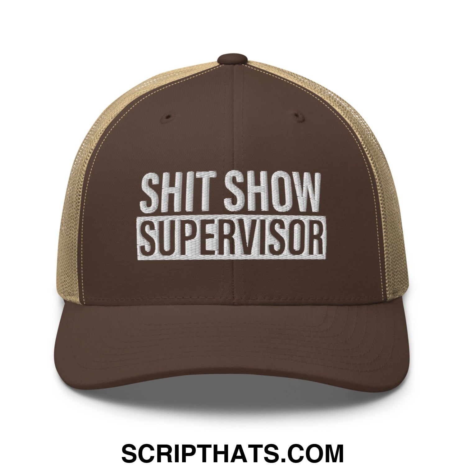 Shit Show Supervisor Embroidered Mesh Trucker Hat Brown Khaki