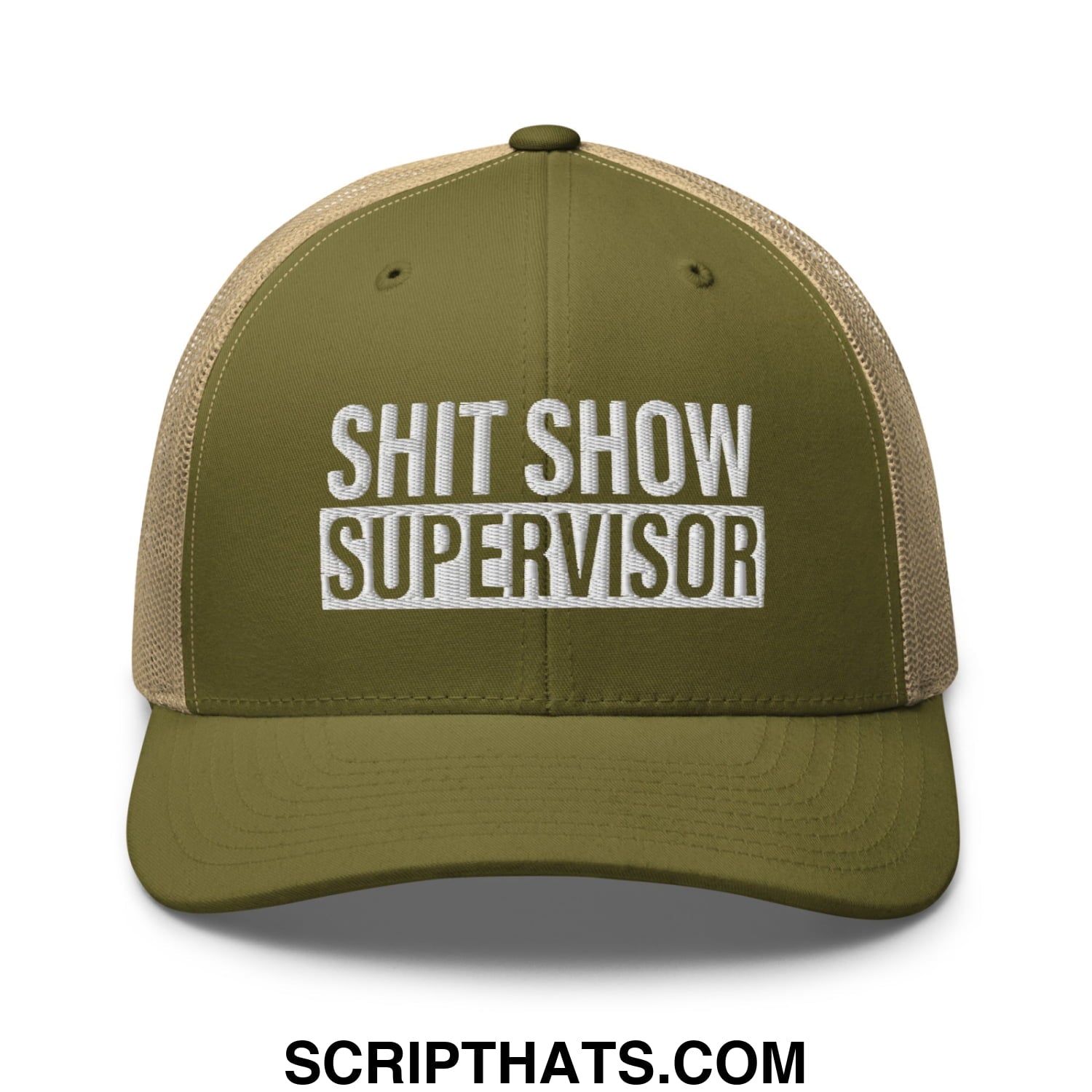 Shit Show Supervisor Embroidered Mesh Trucker Hat Moss Khaki