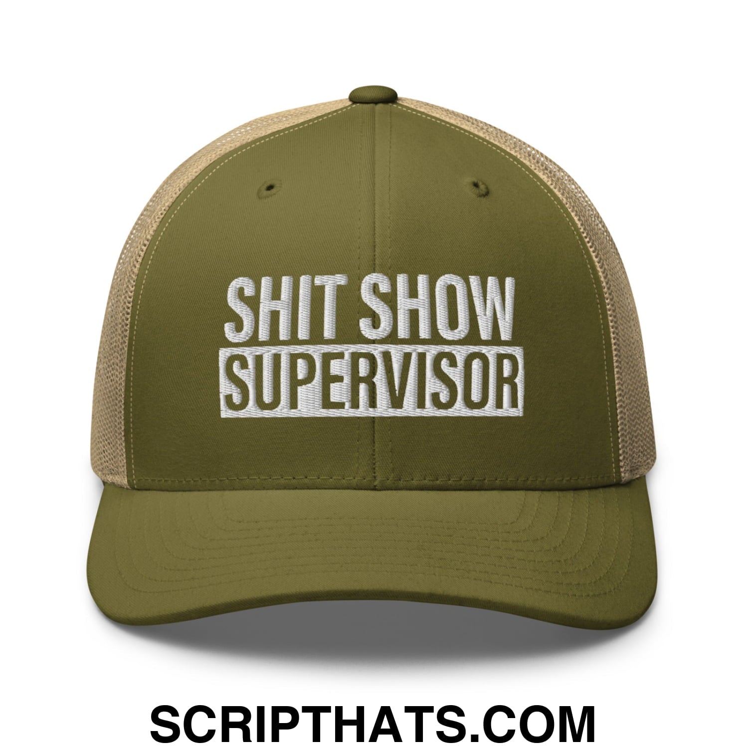 Shit Show Supervisor Embroidered Mesh Trucker Hat Moss Khaki