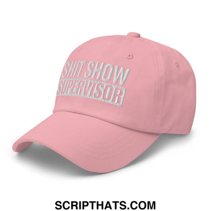Pink unstructured dad hat embroidered with shit show supervisor in silver thread vintage baseball cap