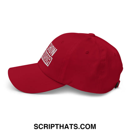 Red embroidered unstructured dad hat with show runner text for casual wear titled shit show supervisor