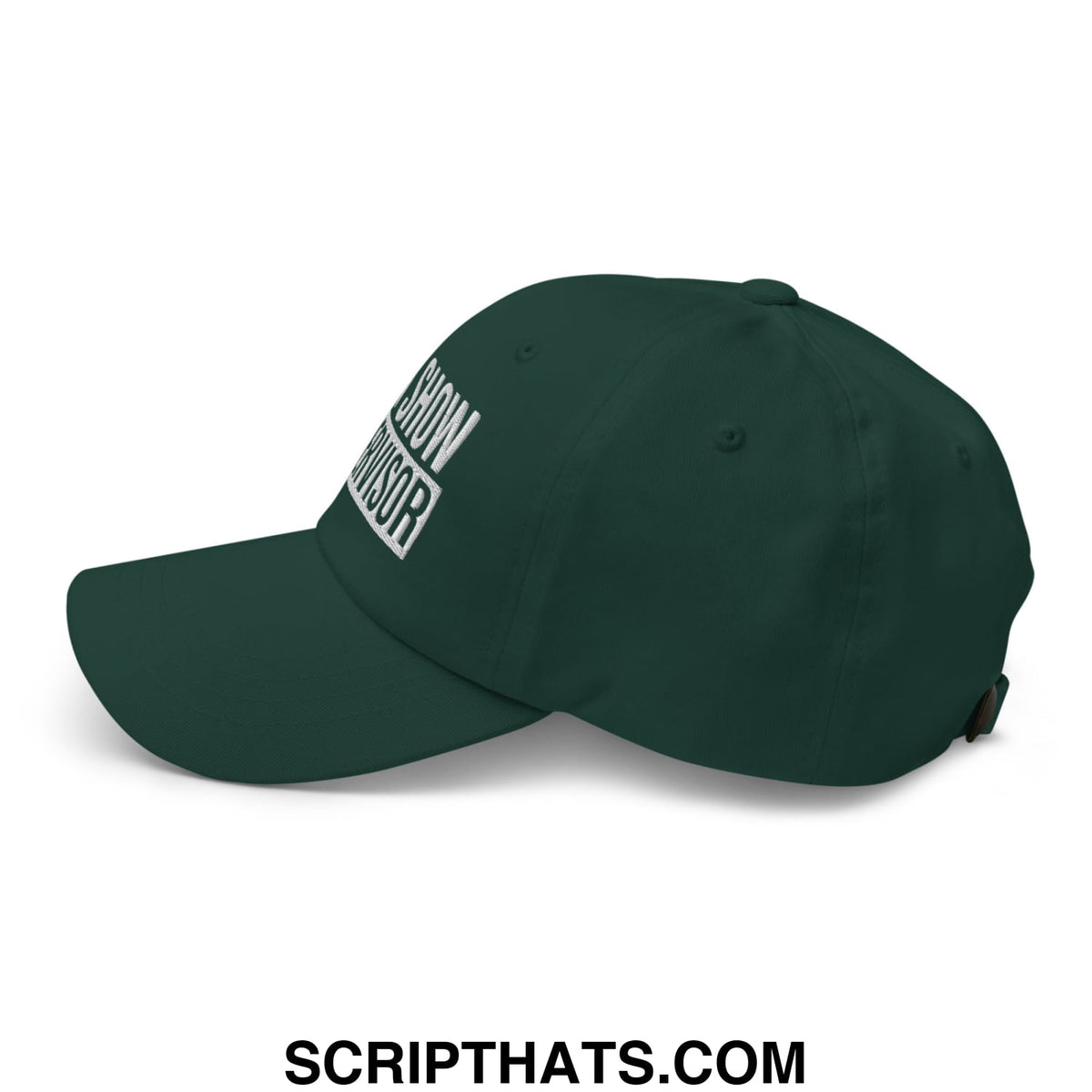 Dark green unstructured dad hat with white embroidered show runner text in rectangular border for casual wear