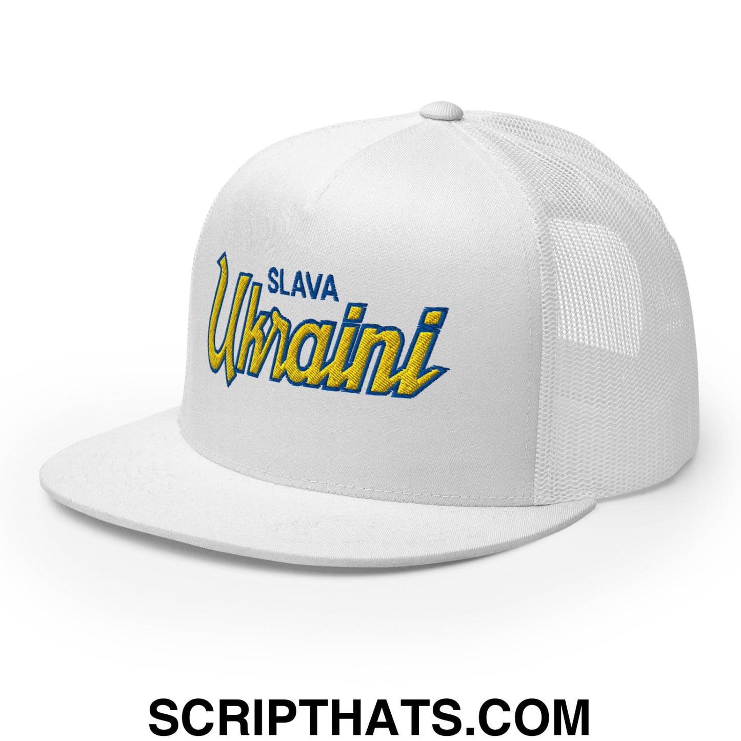 Slava Ukraini Glory to Ukraine Embroidered Flat Brim Bill Trucker Hat White